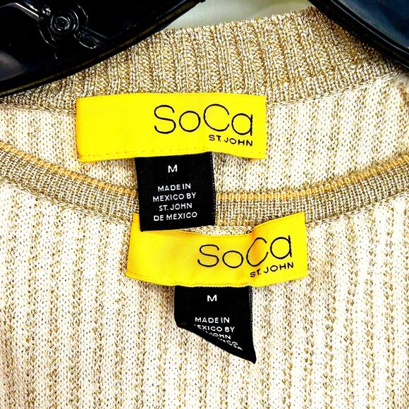 St. John SoCa Rib Knit Rayon Wool Metalized Gold Cardigan Tank Sweater Set Sz M - Picture 11 of 13